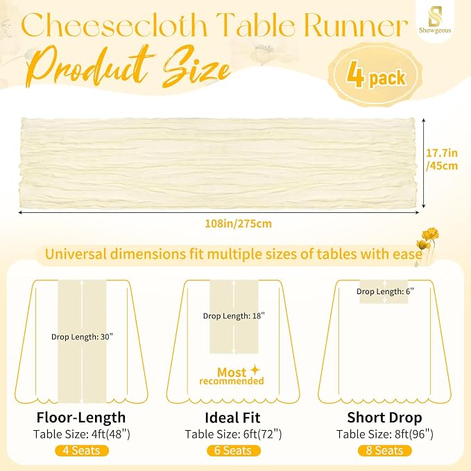 4 Pack Beige Cheesecloth Table Runner 17 x 108 inch Boho Gauze Table Runner Rustic Sheer Cheese Cloth Table Decorations for Wedding Party Baby Bridal Shower Birthday Holiday Home