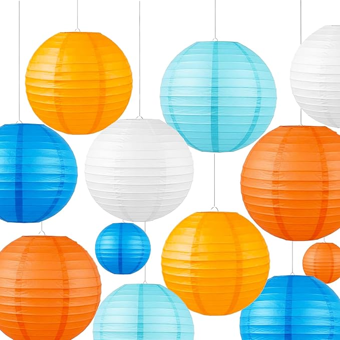 Blue & Orange Paper Lanterns Set (12 Pcs) - 6/8/10 Inch Hanging Lanterns for Cartoon Parties, Sports Events, Birthdays & Home Decor