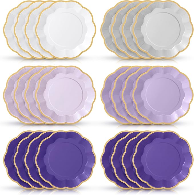 72 Pcs Purple Paper Plates 9 Inch Lavender Gradient Scalloped Paper Disposable Dinner Dessert Plates for Birthday Wedding Bridal Baby Shower Party Supplies, 6 Colors