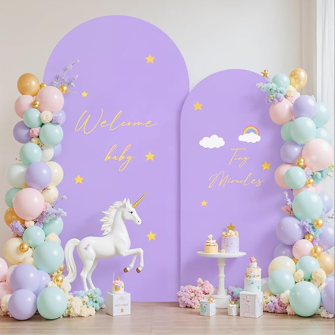 Beige and Purple Arch Cover 2 Set-7.2FT, 6FT Arch Backdrop Cover Spandex Fitted Wedding Arch Stand Covers for Bridal Shower Wedding Baby Shower Birthday Party Ceremony Photo Background Decorations