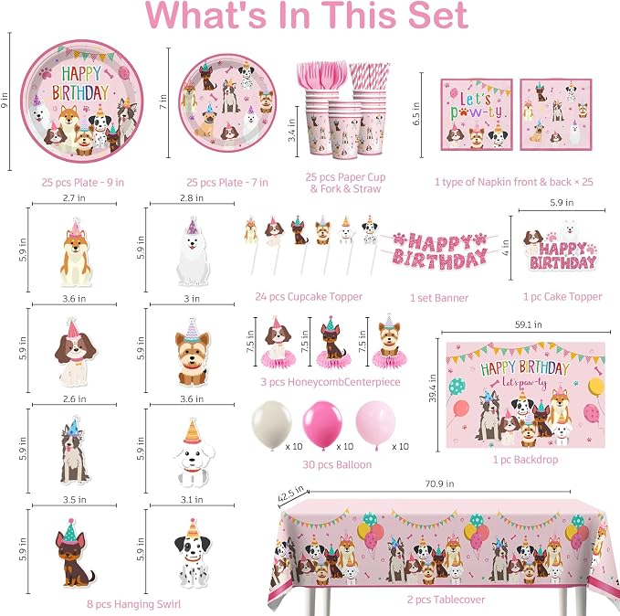 Cocomigo Dog Birthday Decorations, 230 Pcs Puppy Birthday Party Decorations Set with Backdrop, 2 Tablecloths, Plates, Napkins, Balloons & Banner, All-in-One Dog Party Supplies, Serves 25