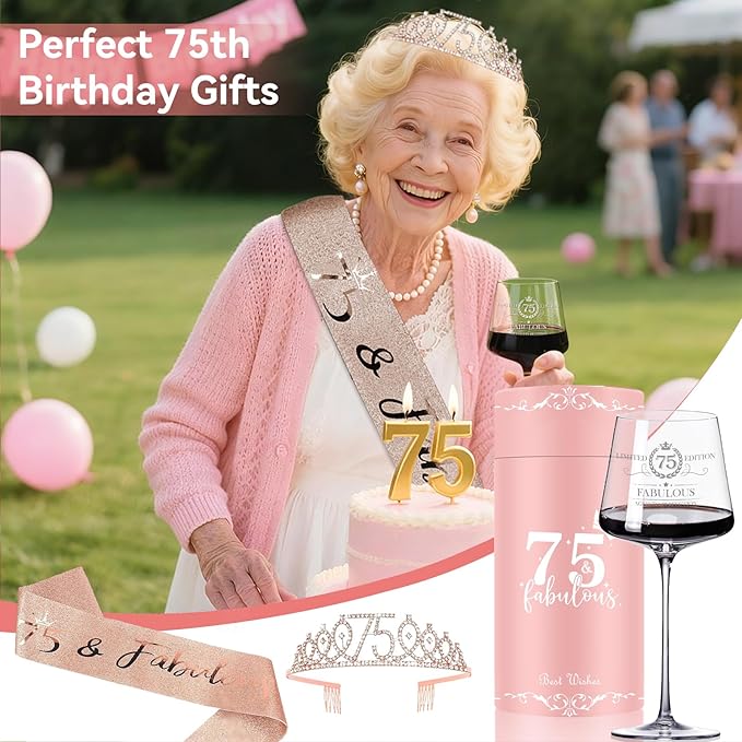 75TH Birthday Gifts for Women,Vintage Engraved 75th Wine Glass,75 Year Old Birthday Decorations For Her,75&Fabulous Sash and Tiara For Women,Friends,Sister-Turning 75th Party Favor Supplies
