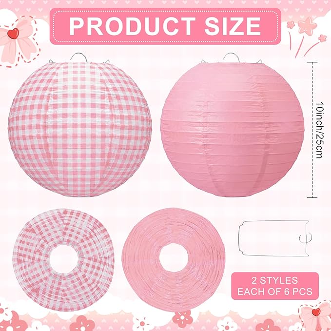 Honoson 12 Pcs Pink Gingham Paper Lanterns Decoration10 Inch White and Pink Checkered Plaid Round Chinese Hanging Lanterns for Baby Girl Shower Wedding Birthday Picnic BBQ Decoration