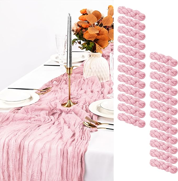 24 Pack Light Pink Table Runner, 10FT Cheesecloth Table Runner Long Romantic Semi Sheer Rustic Boho Gauze Table Runners for Wedding Bridal Shower Birthday Party Decorations(21.5×120 Inch)