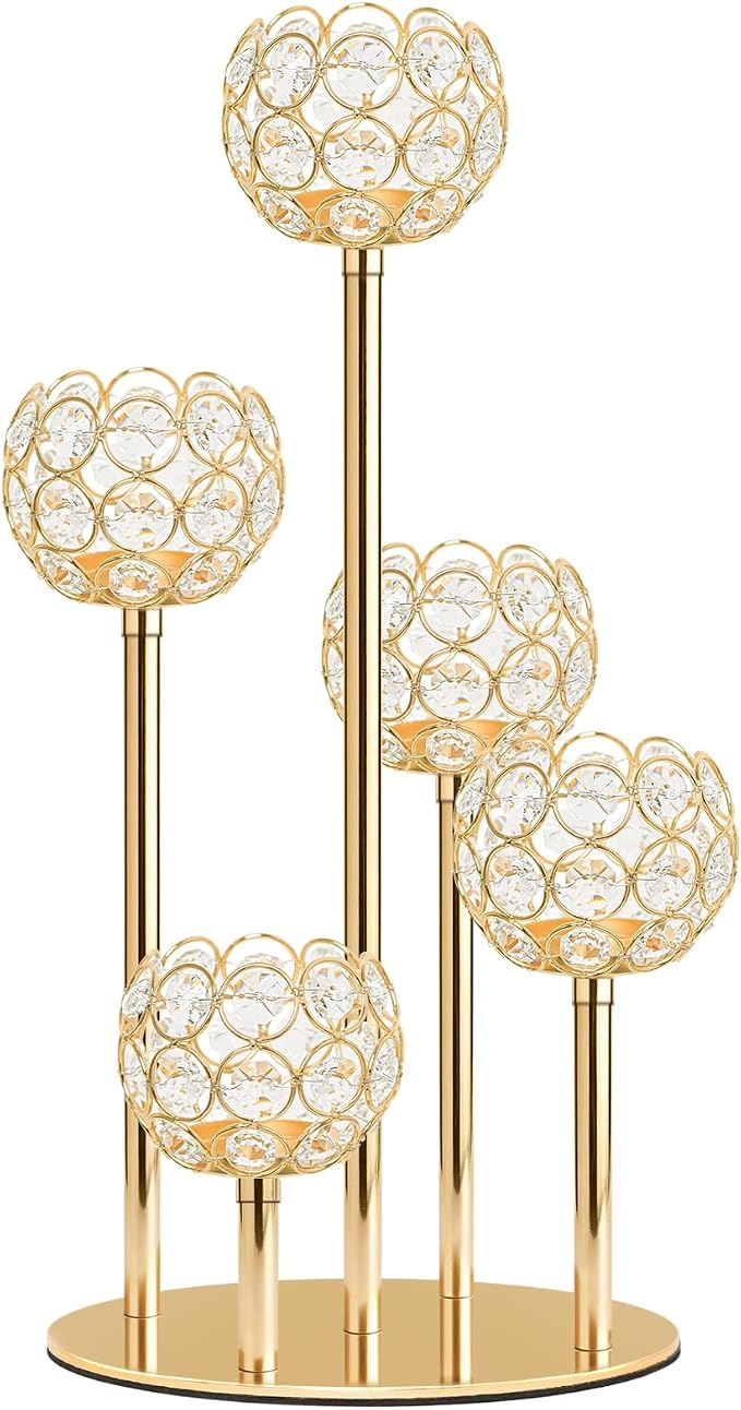 5-Arm Crystal Tealight Candelabra Centerpiece, 14.8 Inch Metal Candle Holder for Table Decor, Wedding, Christmas, Party, Anniversary & Home Decoration (1, Gold, S-14.8 in)