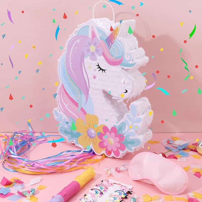 Unicorn Piñata - Unicorn Party Supplies Piñata Bundle with Hair Clip Blindfold and Bat, Pull String Pinata for Birthday Favors Decorations Supplies (16x12x3 Inches)