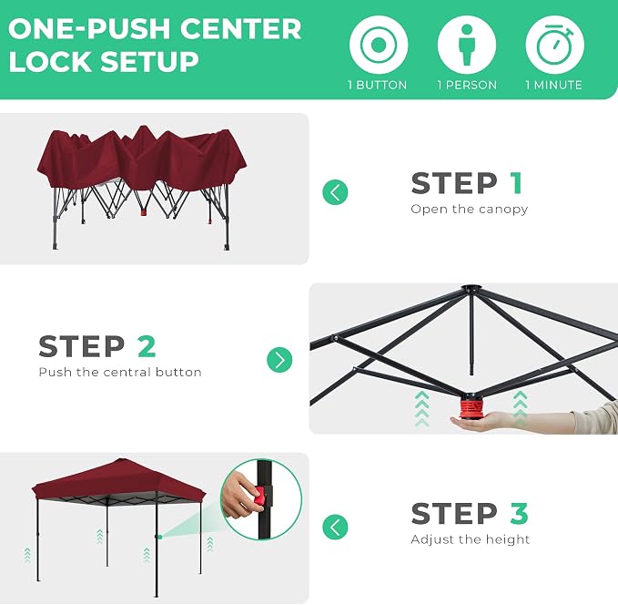JEAREY 10x10 ft Pop Up Canopy Tent, Heavy Duty Outdoor Canopy with 1-Push Instant Setup, Commercial Tent with Roller Bag, 4 Sandbags and 8 Stakes, Water-Resistant, Red