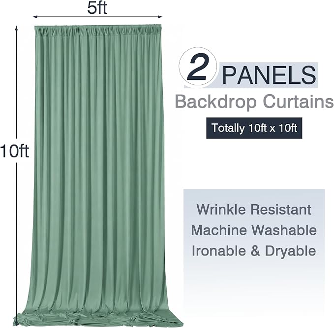 10x10ft Wrinkle Free Sage Green Backdrop Curtains for Parties, 2 Panels 5x10ft Silky Polyester Photo Backdrop Drapes Back Drop Cloth Drapery for Wedding Birthday Photography Background