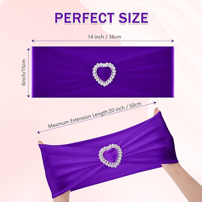 Howhic Pack of 120 Spandex Chair Sashes Bows Stretch Chair Cover Band with Buckle Slider Universal Elastic Chair Ties for Wedding Banquet Party Event Decoration (Purple)