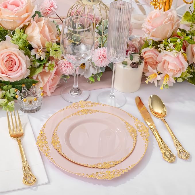 200PCS Pink and Gold Plates - Pink Plastic Plate - Fancy Disposable Plates with Gold Rim - Vintage Wedding Dinner & Dessert Plate for 100 Guests for Wedding & Bridal Shower