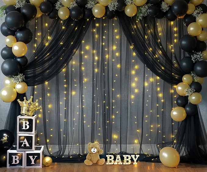10×15ft Black Sheer Backdrop Curtains with Lights String for Parties Birthday Black Tulle Backdrop Curtain for Baby Shower Wedding Graduation Halloween Party Photo Shoot Decorations 2 Panels 5×15ft