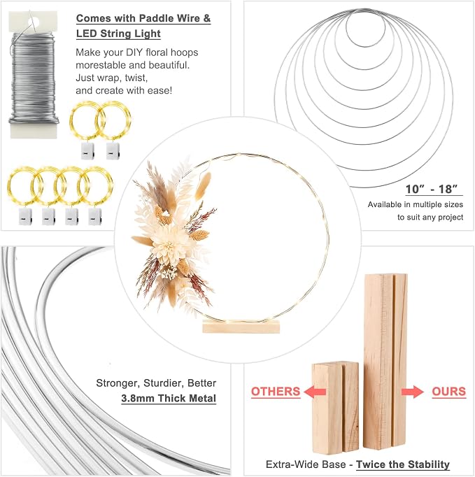 12 Pack Floral Hoop with Stand and LED Fairy Lights 12 inch Metal Rings for DIY Centerpiece Table Decorations Crafts Macrame Rings Hoop Wreath Dream Catcher Rings Wedding Christmas Wreaths, Silver