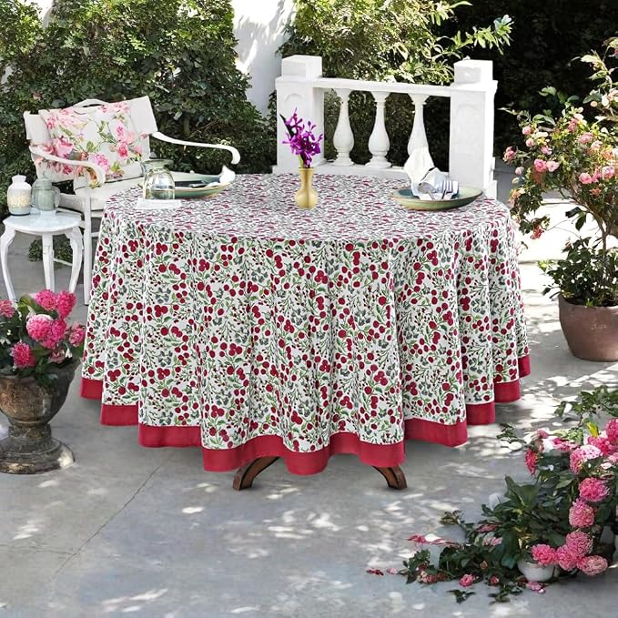 Ridhi Round Tablecloth Hand Block Print 100% Cotton Reusable Garnet Red 60 Inch Table Cover Decorative Everyday Use for Dining, Home, Party, Wedding, Farmhouse, Party Gift for Spring, Mother's Day