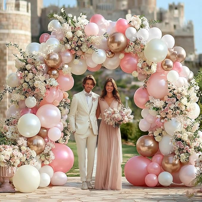 Pink White Balloon Garland Double Stuffed, Pastel Pearl Pink Champagne Gold White Sand Balloon Arch Kit for Mother's Day Birthday Baby Shower Bridal Shower Wedding First Communion Party Decorations