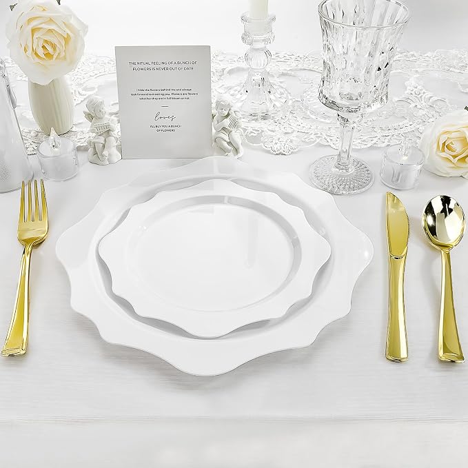 realluck 100 PCS White Disposable Plates for 50 Guests, Scalloped Plastic Plates Include 50 Dinner Plates and 50 Dessert Plates for Party, Wedding