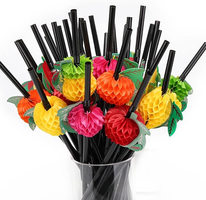 100pcs Fruit Drinking Straws, Disposable Honeycomb Plastic Straws, Tropical Hawaiian Beach Cocktail Pool Luau Party Decorations Supplies