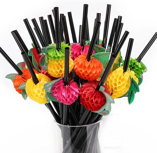 100pcs Fruit Drinking Straws, Disposable Honeycomb Plastic Straws, Tropical Hawaiian Beach Cocktail Pool Luau Party Decorations Supplies