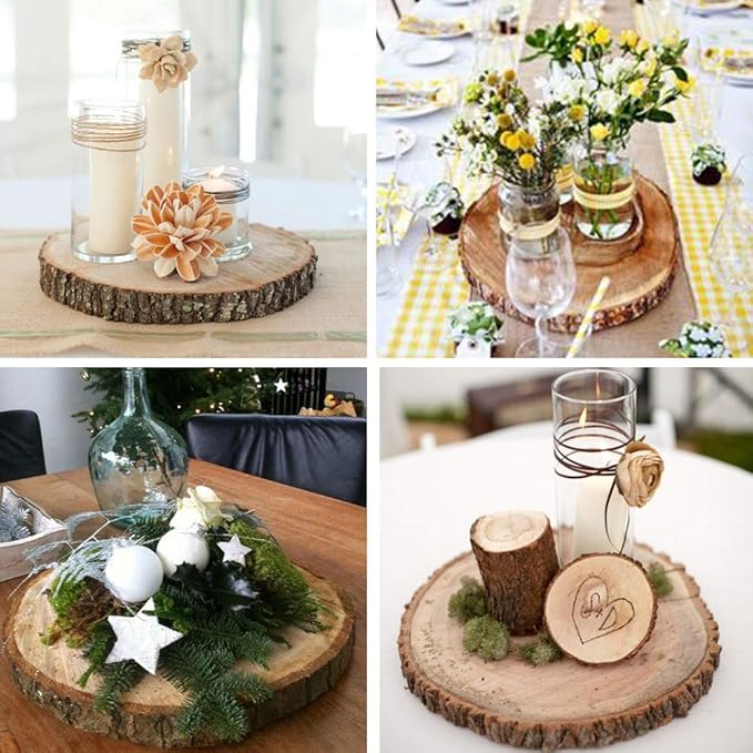 6 Pcs 8"-11" Wide Large Natural Round Wood Slices with Bark Pine Wood Slices Table Mat with 50 Pcs Kraft Place Cards for for Wedding Centerpiece DIY Woodland Projects Table Chargers Country Decor