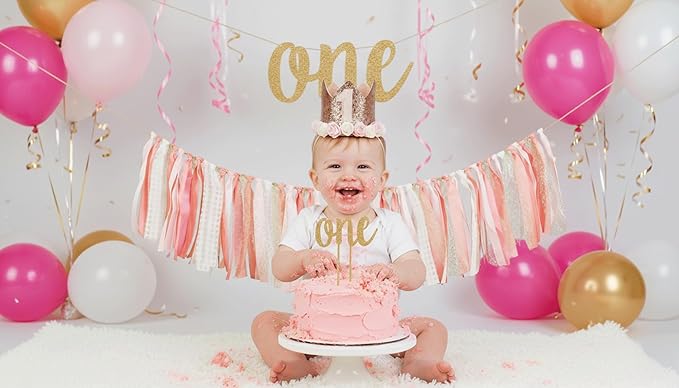 PapaKit Girls 1st Birthday High Chair Premium Decoration Set - Pink & Gold Ribbon Garland, Crown, One Banner & Cake Topper | Coquette Fairy Princess Theme | Smash Cake Photo Prop Backdrop