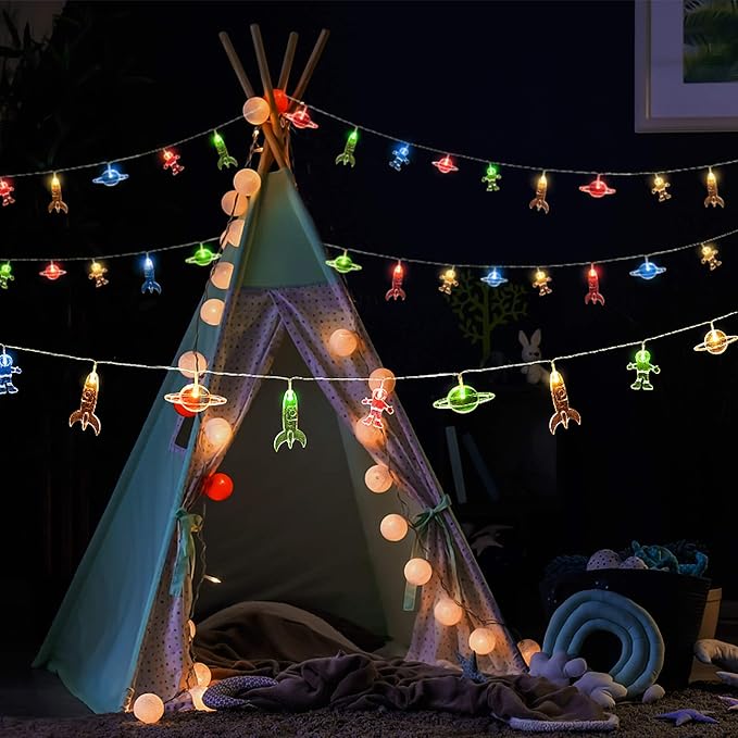 AceList 10 LED Children's Room LED String Light Astronaut Spaceship Rocket Pendants Holiday Party Lights Wall Window Nursery or Kids Room Decor Wedding Around the Garden Patio Christmas (Multicolour)