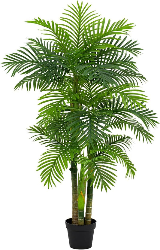5FT Artificial Palm Tree - Tropical Faux Golden Cane Palm Tree UV Resistant Tall Fake Plant Indoor with Black Pot for Home Office Living Room Indoor Outdoor Decor Housewarming Gift