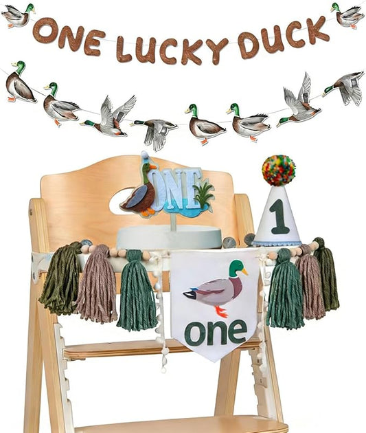 One Lucky Duck 1st Birthday Decorations- Mallard Duck Hunting High Chair Banner，One Lucky Duck Highchair Banner First Birthday with Cake Topper, Party Hat Mallard Duck Birthday Party Supplies