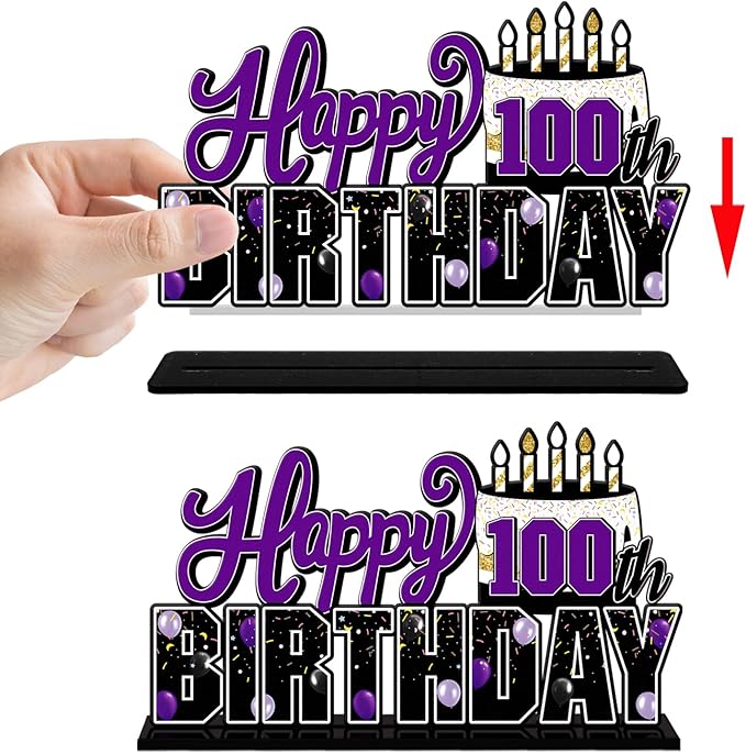 LINGTEER Happy 100th Birthday Purple Acrylic Table Topper Centerpieces Set - Cheers to 100 Years Old Birthday 100th Bday Party Gift Decorations.