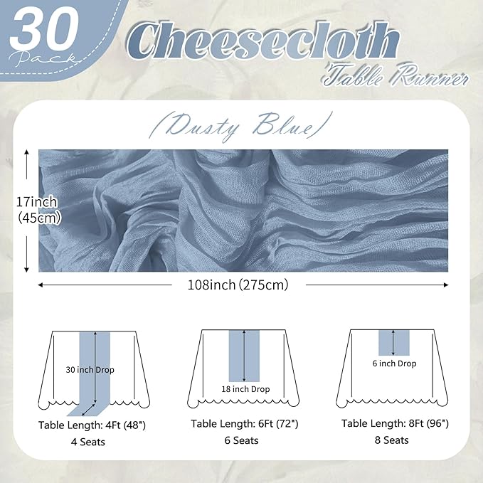 30 Pack Dusty Blue Cheesecloth Table Runner 17 x 108 inch Cheese Cloth Table Runners 9ft Blue Table Runner Rustic Romantic Sheer Gauze Runner for Wedding Party Baby Shower Table Decoration