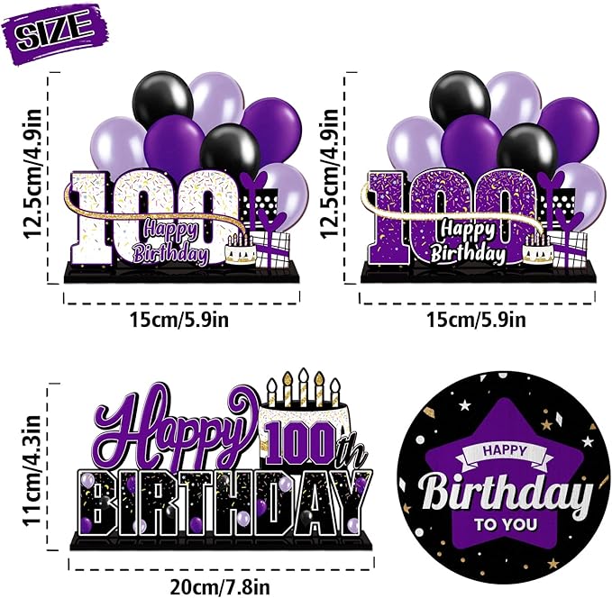 LINGTEER Happy 100th Birthday Purple Acrylic Table Topper Centerpieces Set - Cheers to 100 Years Old Birthday 100th Bday Party Gift Decorations.