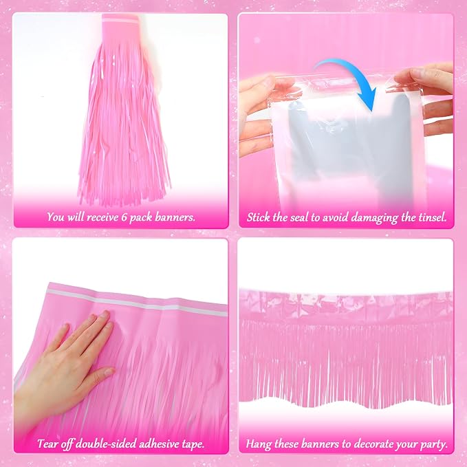 LOLStar Macaron Pink Foil Fringe Tinsel Garland Streamers Banner, 6 Pack | 60Ft Tinsel Streamers, Macaron Pink Tinsel Fringe Banners for Wedding, Gender Reveal, Bachelorette, Birthday Party Decor
