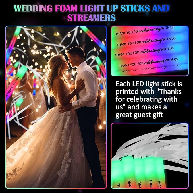 JellyArch 100 Pack Wedding Glow Sticks for Reception LED Foam Light up Sticks with Ribbon Light Stick Bulk with 3 Modes Colorful Flashing for Wedding Send Off Party Favors, Dance Floor, Birthday