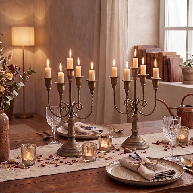 5 Arm Bronze Candelabra Candle Holder Set of 6, 11.7" Vintage Metal Candlestick Holders for Taper Candles Elegant Wedding Centerpiece Table Decor for Dining Room Fireplace Mantel Party Holiday Decor