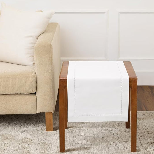 Solino Home White Table Runner 36 Inches - Cotton Linen Hemstitch Coffee Table Runner 14 x 36 Inch Ideal for Dresser Tables - Mothers Day, Spring, Summer, Memorial Day