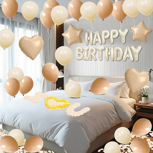 Neutral Happy Birthday Balloons Decorations Beige Cream Neutral Birthday Balloon Letters Banner with Star Heart Balloons 1000 Artificial Rose Petals 24 Flameless LED Candles for Birthday Party Supply