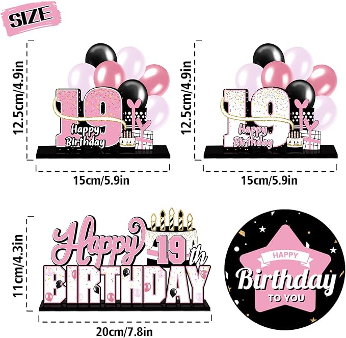 LINGTEER Happy 19th Birthday Pink Acrylic Table Topper Centerpieces Set - Cheers to 19 Years Old Birthday Nineteen Bday Party Gift Decorations.