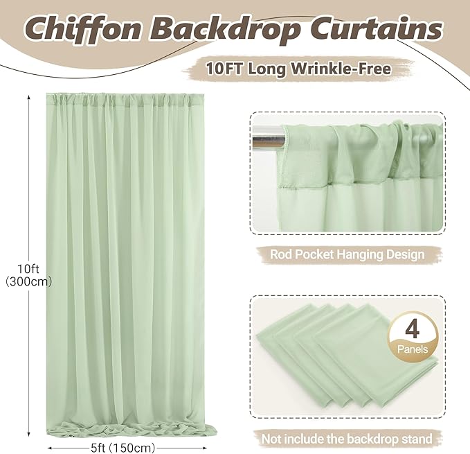 20ft x 10ft Sage Green Backdrop Curtains, Wrinkle-Free Sheer Chiffon Fabric Backdrop Drapes for Wedding Arch Party Ceremony Stage Photo Decoration