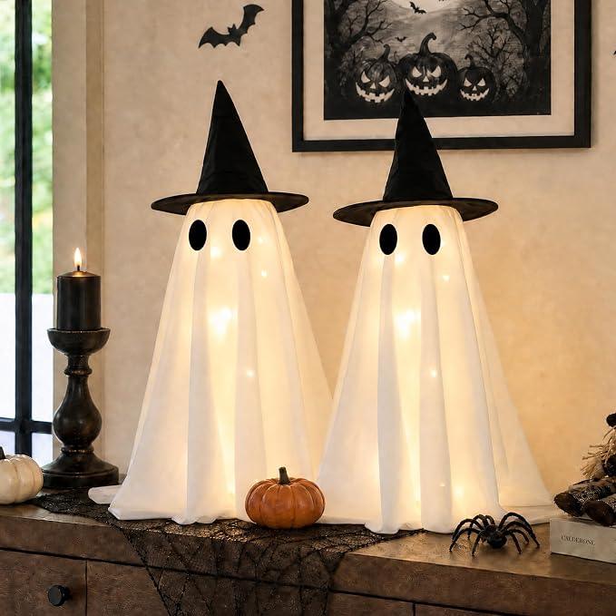 Halloween Decorations-Set of 2 Light-Up Ghosts with Witch Hats, Ghost Table Centerpiece-Spooky Tabletop Decor for Mantel Dining Table Party Indoor Home Decor