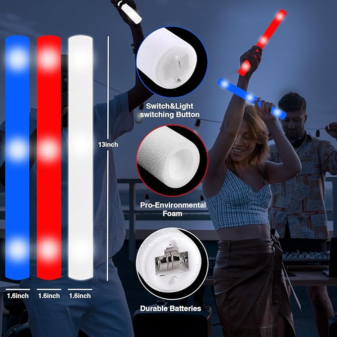 48Pack LED Glow Foam Sticks Bulk,Light Up Glow Sticks with 3 Flashing Modes,Glow Wands Party Pack,Glow In The Dark Party Supplies for July 4th, Wedding,Birthday,Concert(RedBlueWhite)