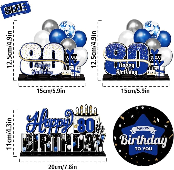 LINGTEER Happy 80th Birthday Blue Acrylic Table Topper Centerpieces Set - Cheers to Eighty Years Old Birthday 80th Bday Party Gift Decorations.