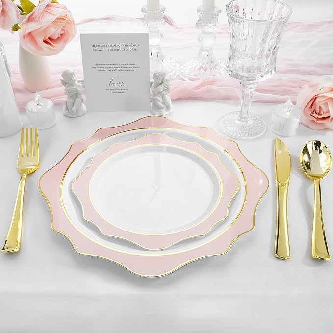 realluck 100 PCS White and Pink Disposable Plates for 50 Guests, Scalloped Plastic Plates Include 50 Dinner Plates and 50 Dessert Plates for Party, Wedding and Graduation