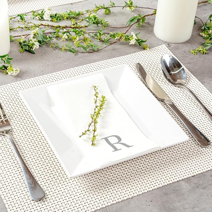 Luxenap 15.8 X 7.9 Inch Linen-Feel Guest Towels, 50 Lettered Hand Towels - Silver Letter 'R', Sans Serif Font, White Paper Dinner Napkins, airlaid, For Restrooms And Tables - Restaurantware