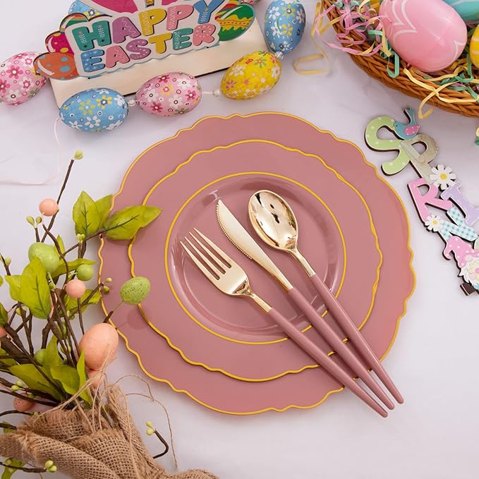 Nervure 100Pcs Mauve Pink Plastic Plates - Mauve Gold Plastic Dinnerware Sets for 20 Guests - 20 Dinner Plates, 20 Dessert Plates, 20 Forks, 20 Knives and 20 Spoons for Wedding & Party & Mother's Day