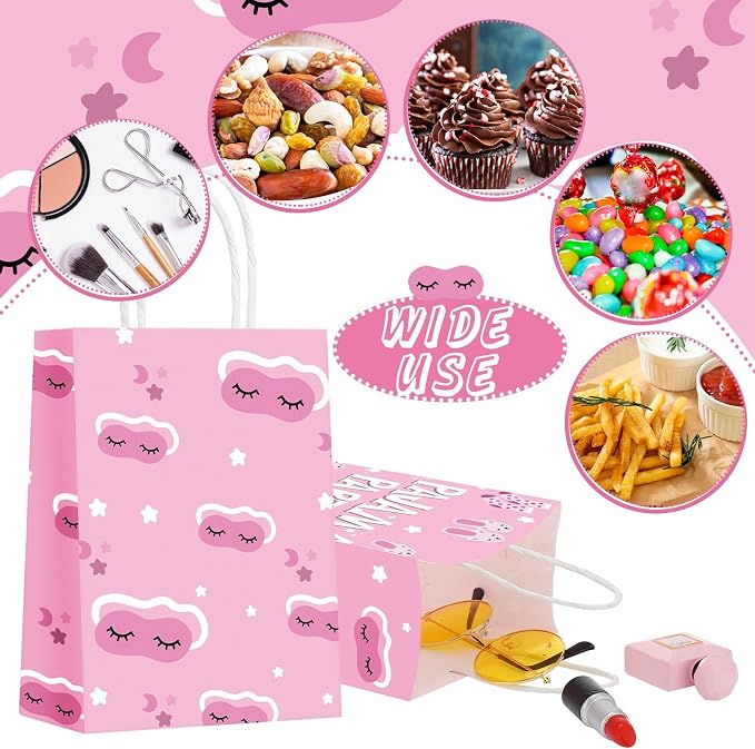 Outus 24 Pcs Sleepover Party Paper Bags Pink Slumber Glamper Pajama Favor Bags with Handle for Birthday Sleepover Breast Cancer Awareness Party Favors