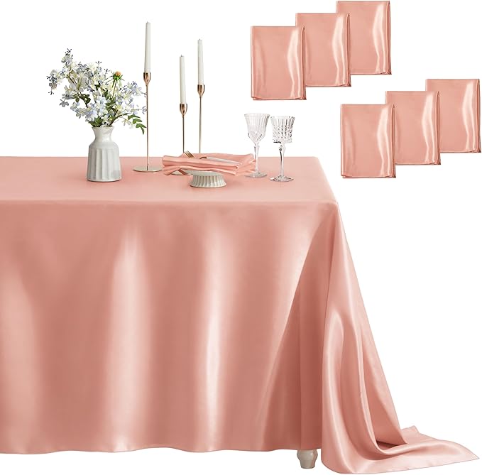 6 Pack Satin Table Cover Rectangle Silkly Soft Table Cloth, Satin Dining Table Cloths for Wedding Banquet Table Decoration, Dining Room, Indoor and Outdoor Use, 60 x 84 Inches, Rose Gold