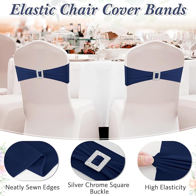 VitalCozy 150 Pcs Spandex Chair Sashes with Square Buckle Slider Stretch Chair Cover Band Universal Elastic Ties Straps Bows for Wedding Banquet Event Party Decoration(Navy Blue)