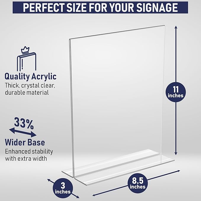 Acrylic Sign Holder 8.5 x 11 - Heavy Duty T-Shape Table Top Display Stand, Extra Wide 3-Inch Base, Double Sided Bottom Load, Crystal Clear Menu Holder: Restaurant, Office, Wedding, Trade Show (6 Pack)