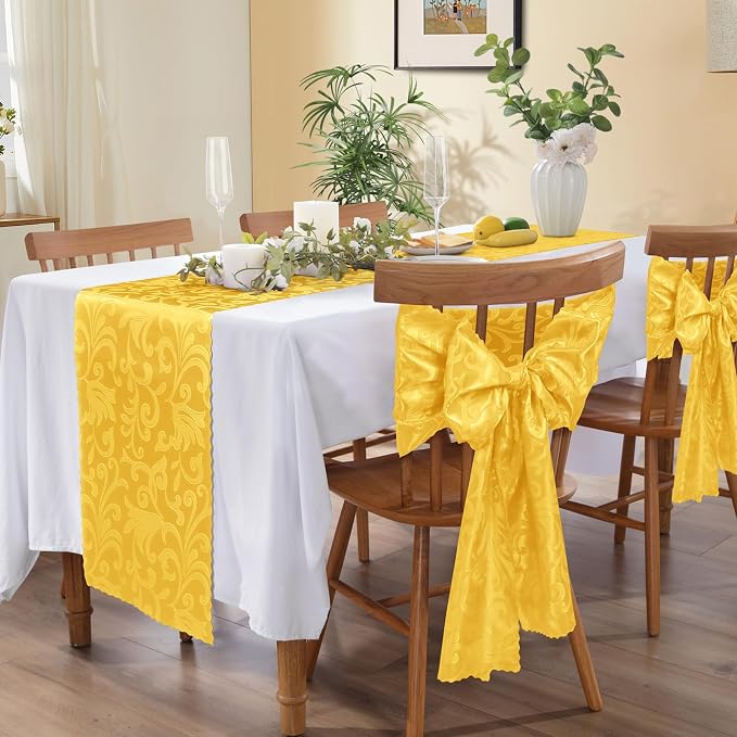 MILVOWOC 4 Pack Gold Satin Table Runner, 12 x 72 Inch Jacquard Damask Table Runner Rectangle Bright Silky Decorative Table Runner for Party Banquet Birthday Dinner Wedding Table Decor