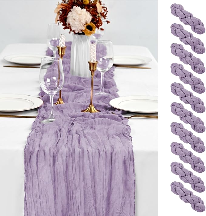 10 Pack Lavender Table Runner 10Ft Cheesecloth Table Runner Boho Gauze Table Runners Romantic Long Sheer Fabric Cheese Cloth Table Runners for Wedding Party Bridal Shower(Lavender)