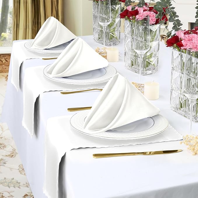 Homiest 100 Pack White Satin Napkins - 17x17 Inches Scalloped Square Dinner Napkins for Wedding, Restaurant, Banquet & Party