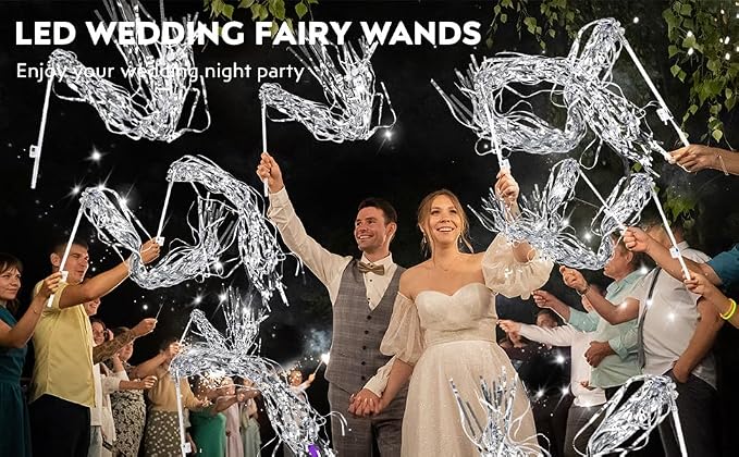100 pcs Wedding Wands Tinsel, Light up Wand Wedding with LED, Wedding Wand with Light for Wedding Send off, Ideal Props for Weddings, Birthday Parties, Christmas Cheerleading Games (Silver)